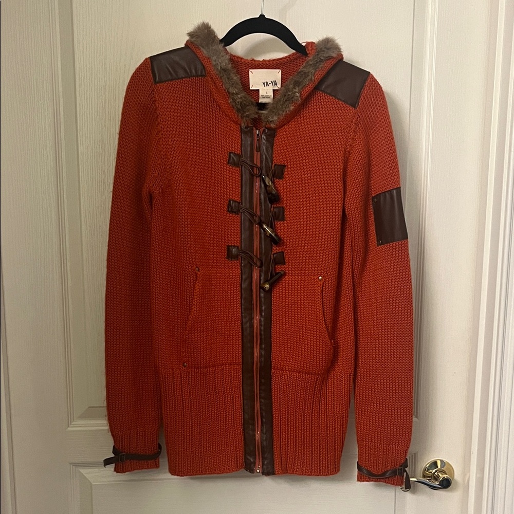 YaYa Women’s Orange Sweater with Faux Fur Trim